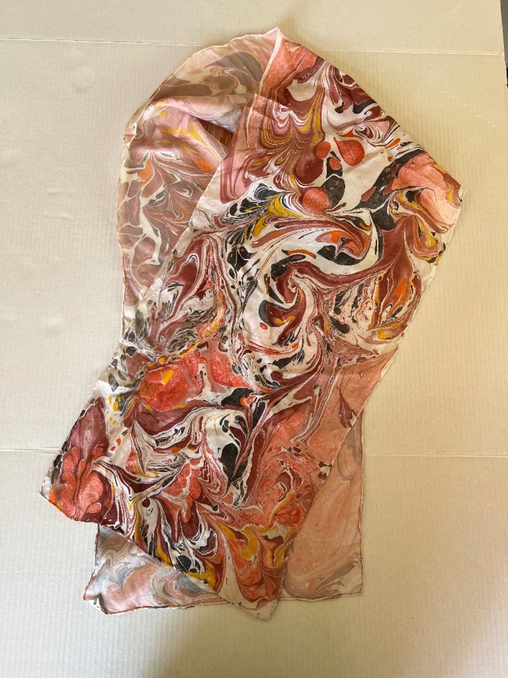 Silky Vintage Scarf with Water Marbling Pattern in Warm Pink Tones
